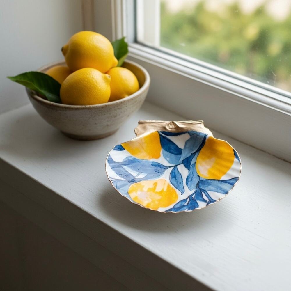 Capri Lemon Shell Trinket Dish Blue Yellow Ring Jewelry Dish